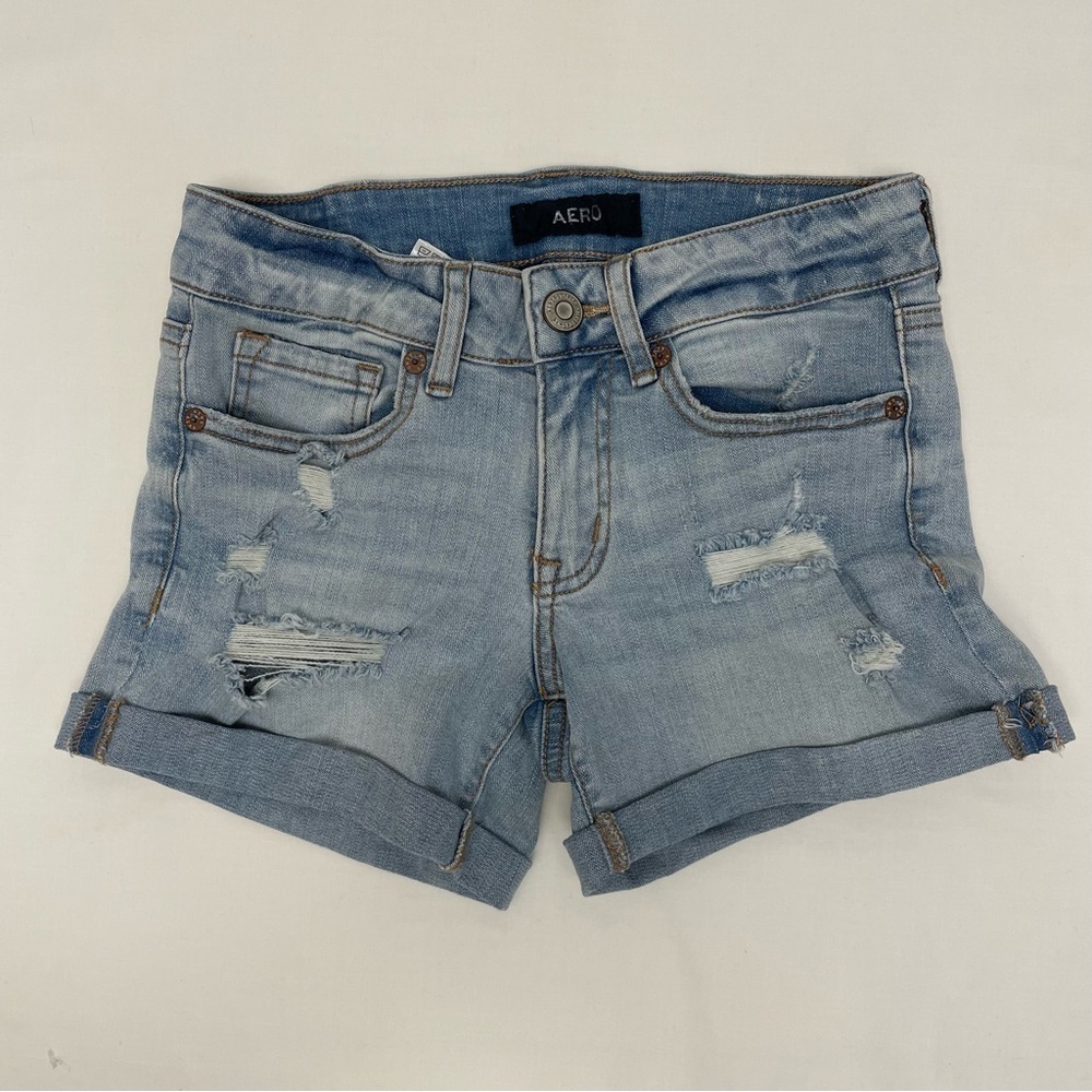 Aeropostale Low Rise Midi Shorts Light Wash Cuffed Distressed Junior Girl's Sz 0